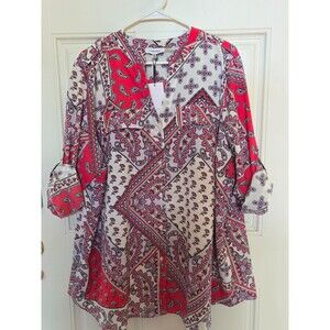 Calvin Klein Paisley Print Long Roll Tab Sleeve Top Plus Size 1x